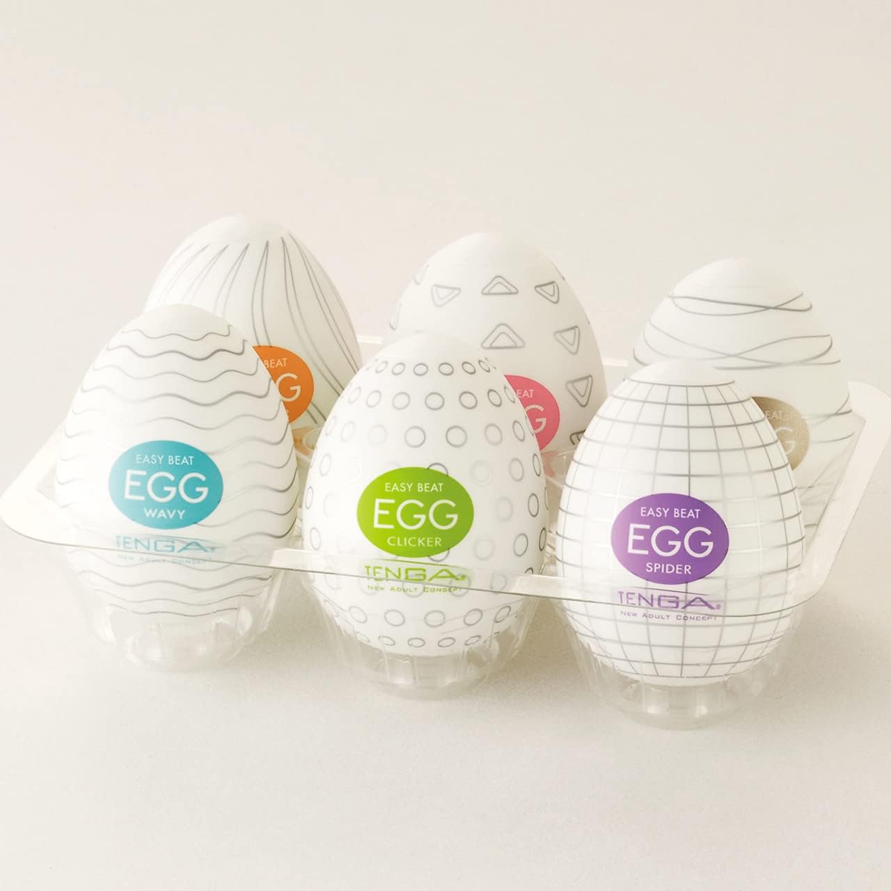 Zes Tenga Eggs Wavy, Clicker, Spider en andere in een doorzichtig houdertje