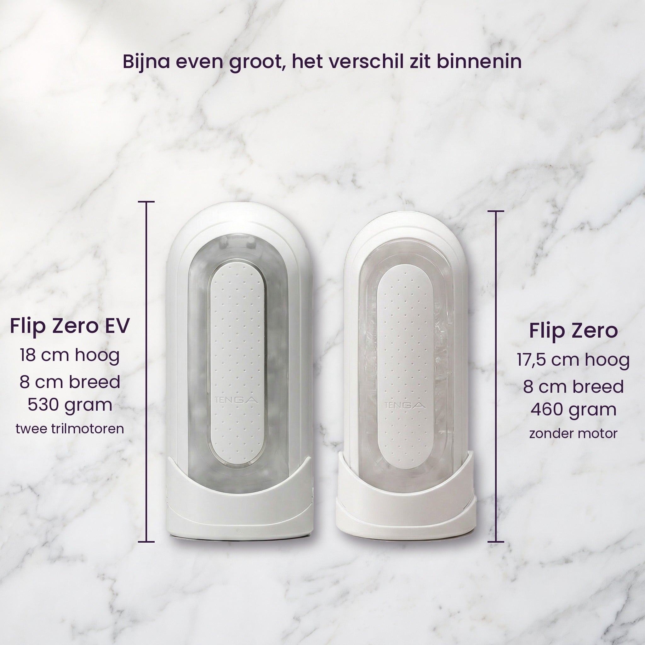 Witte Flip Zero EV en gewone Flip Zero naast elkaar op marmer met afmetingen en gewicht, Tenga
