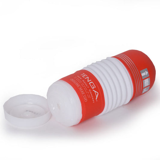 Tenga Rolling Head Cup liggend op zijkant met zichtbare basis-opening