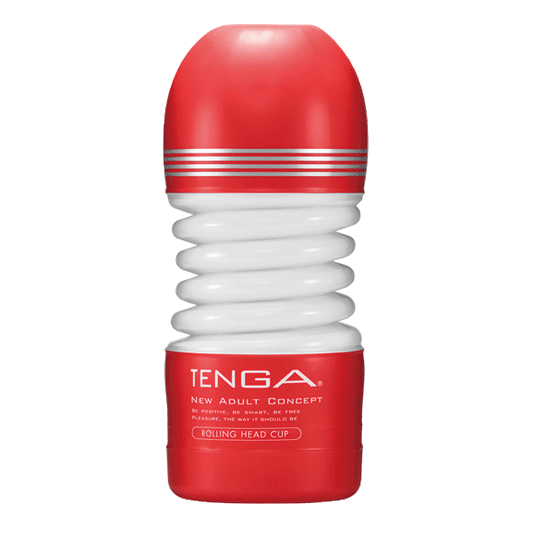 Tenga Rolling Head Cup vooraanzicht: rode kop, witte flexibele middensectie en rode basis