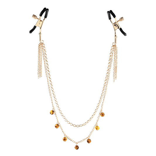 Tepelklemmetjes met verstelbare klemmen, dubbele goudkleurige ketting en amber steentjes