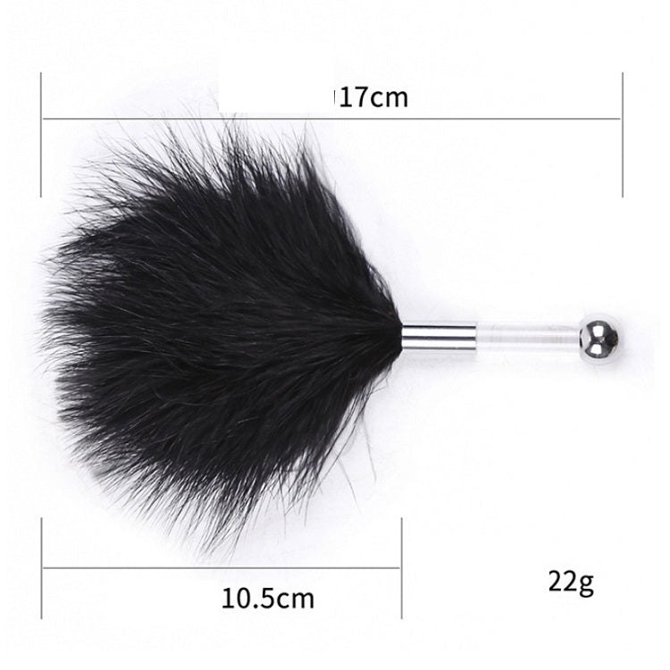 Maattekening van de zwarte streelveer: 17 cm lang, veer 10,5 cm breed, 22 gram