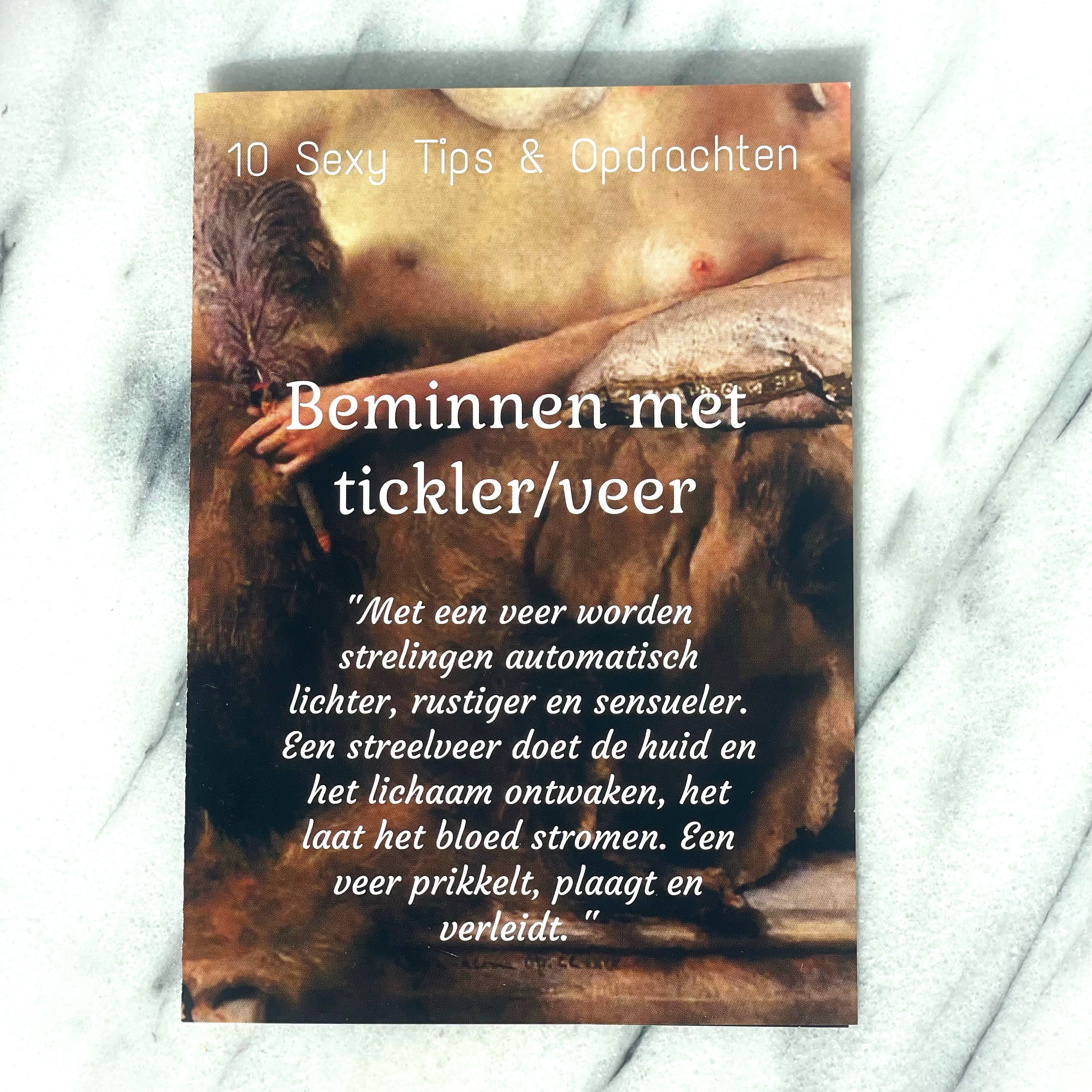 Kaartje met 10 sexy tips en opdrachten, Beminnen met tickler/veer, bij de streelveer