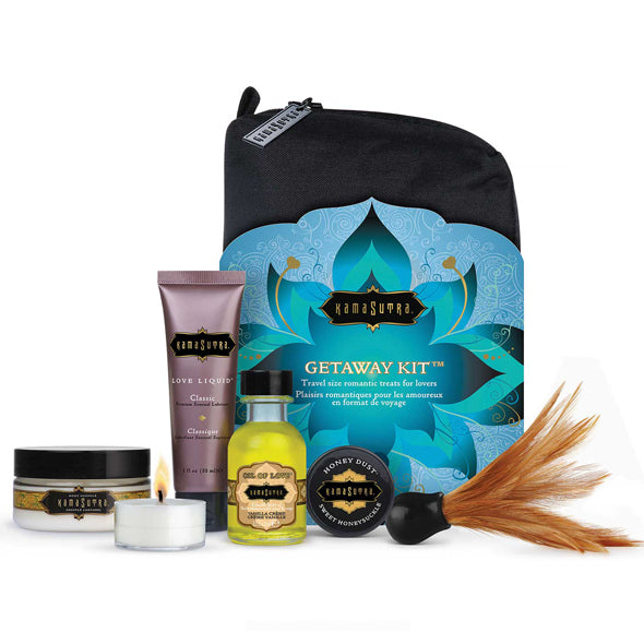 Zwarte toilettas met turquoise omslag en de vijf producten ervoor, Kama Sutra Getaway Kit