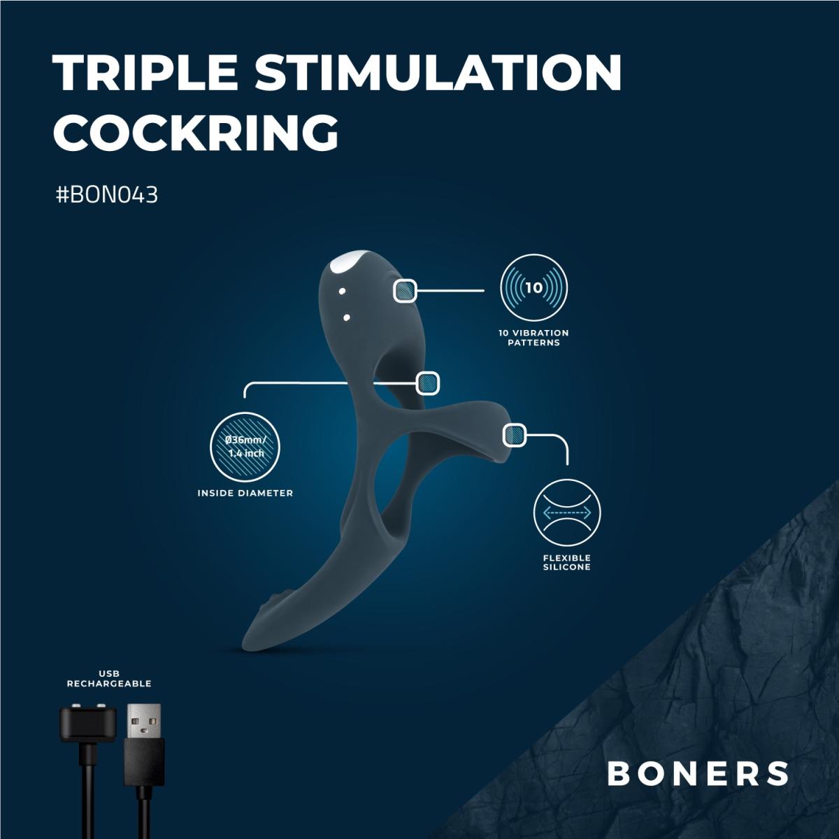 Overzicht Boners Triple Cockring: tien vibratiepatronen, 36 mm binnenmaat, flexibel siliconen en USB-lader
