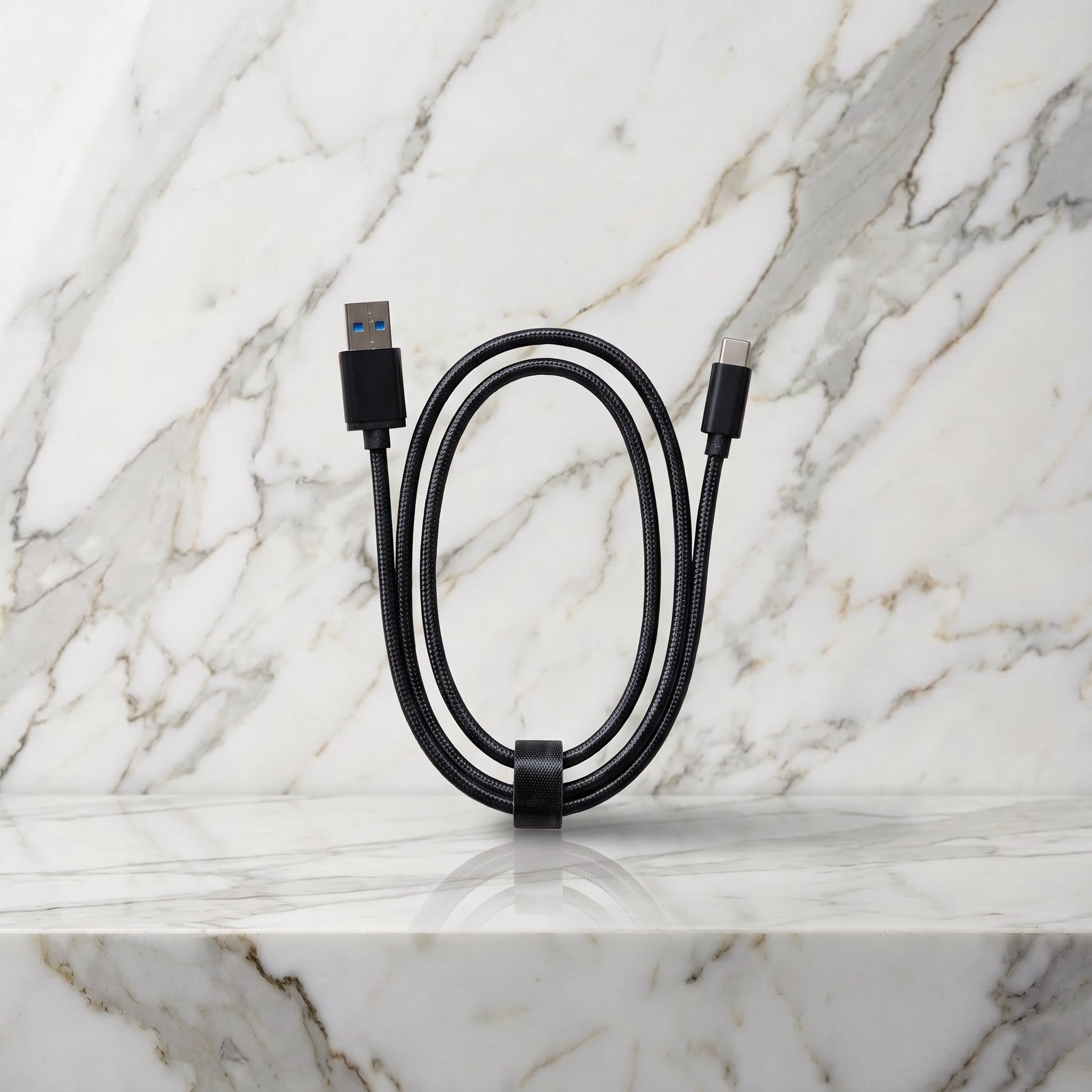 Zwarte gevlochten USB-C oplaadkabel, opgerold op een marmeren plank