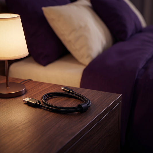Sfeerbeeld: opgerolde USB-C oplaadkabel op een houten nachtkastje naast een lampje