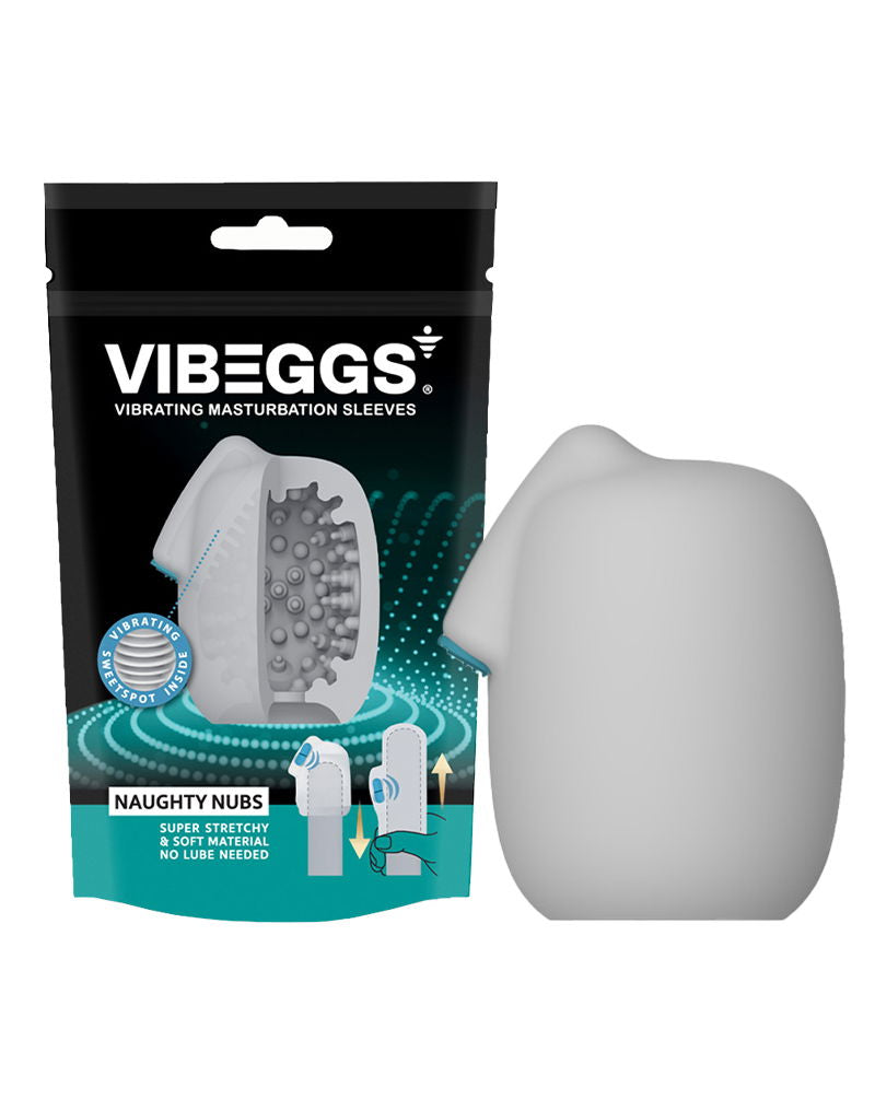 Zwart zakje Vibeggs Naughty Nubs met het grijze masturbatie-eitje ernaast