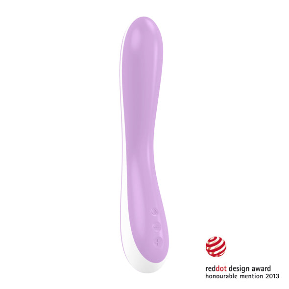 OVO F3 roze batterijgevoede vibrator met gebogen design en bedieningsknoppen op witte achtergrond