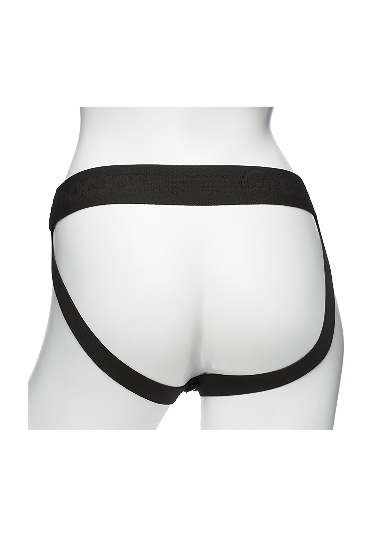 Achterkant holle strapon harnas op mannequin, enkele band tussen benen, jockstrap-stijl