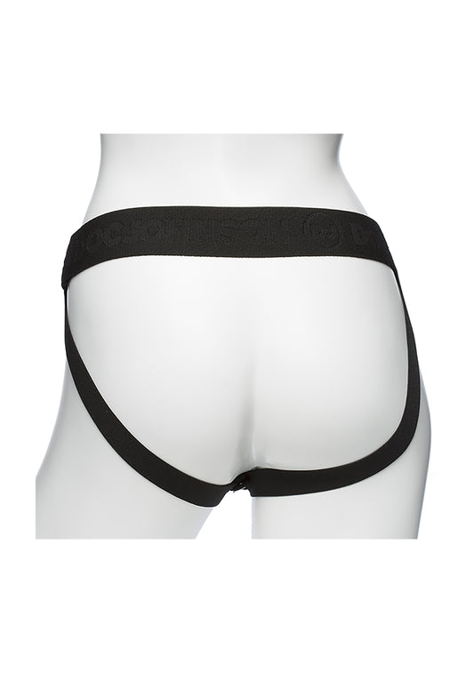 Achterkant holle strapon harnas op mannequin, enkele band tussen benen, jockstrap-stijl