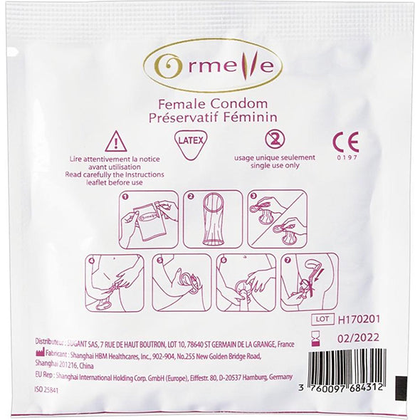 Ormelle vrouwencondoom in witte verpakking met roze tekst en gebruiksinstructies.