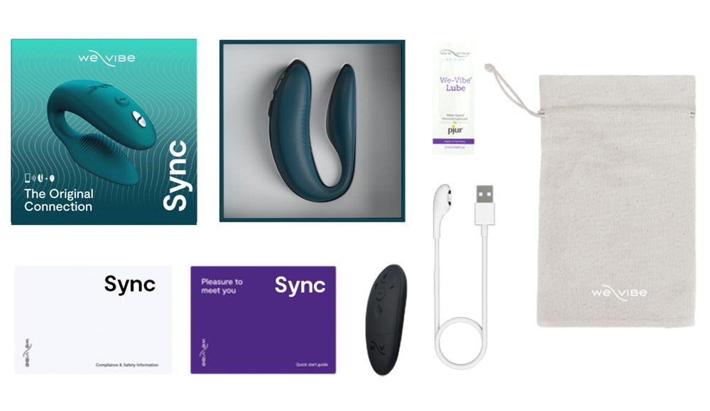 We-Vibe Sync 2 roze verpakking met accessoires en oplaadkabel