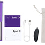 We-Vibe Sync O complete set: paarse vibrator, handleiding, oplaadkabel en opbergzakje