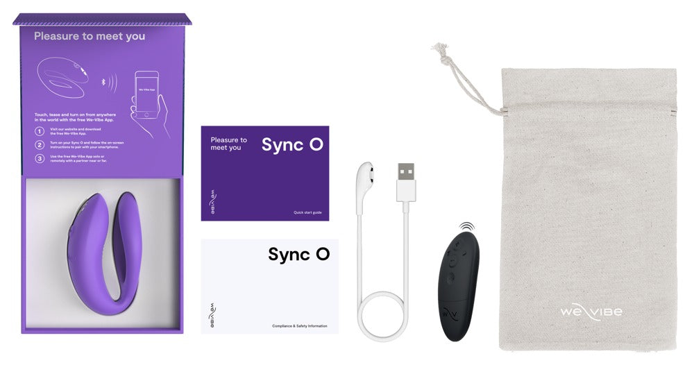 We-Vibe Sync O complete set: paarse vibrator, handleiding, oplaadkabel en opbergzakje