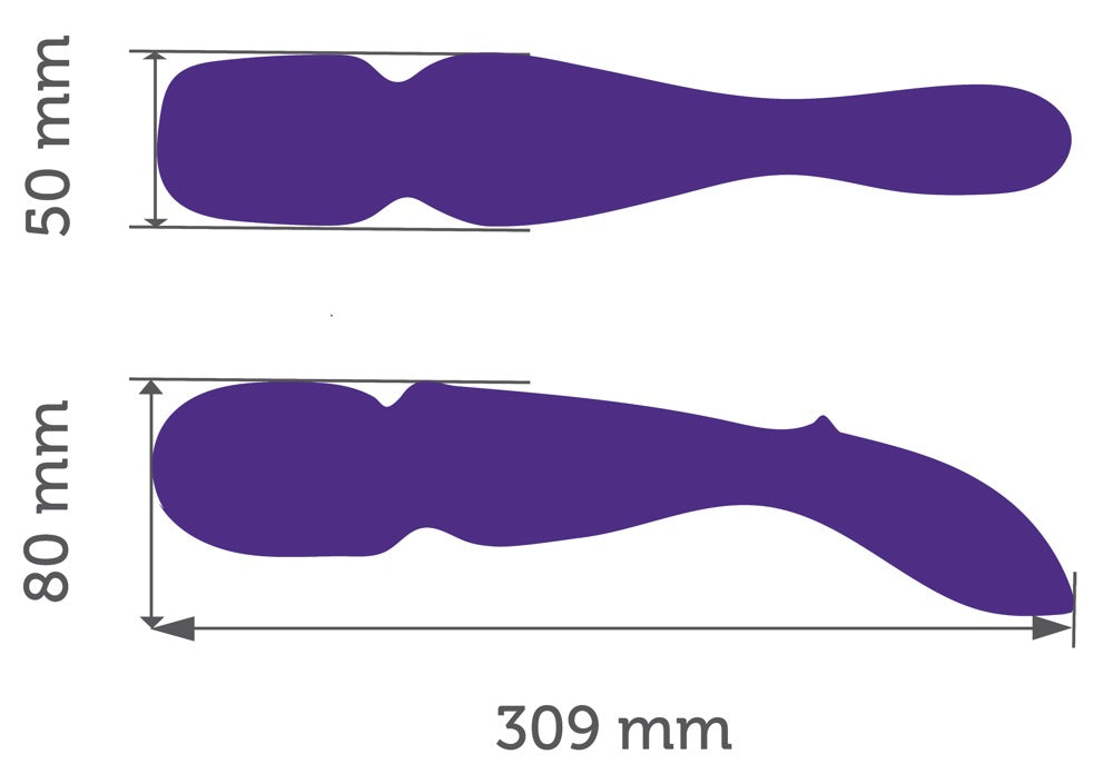 We-Vibe Wand afmetingen: 309 mm lengte, 80 mm hoog en 50 mm breed wandmassager