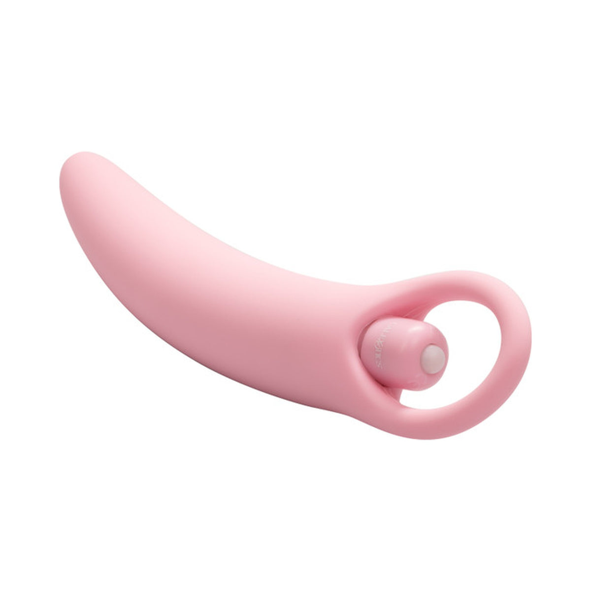 Roze dilator uit de set met de bulletvibrator in de vingerlus, zijaanzicht