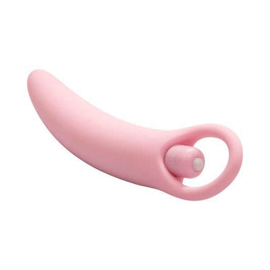 Roze dilator uit de set met de bulletvibrator in de vingerlus, zijaanzicht