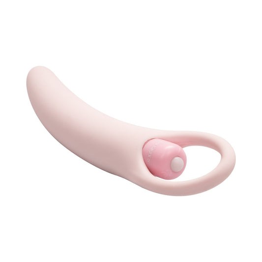Lichtroze dilator uit de set met de bulletvibrator in de vingerlus