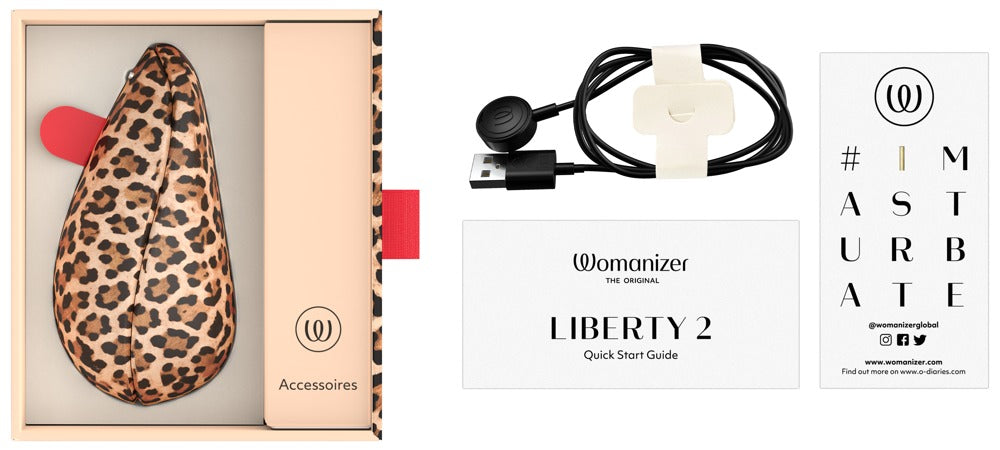 Inhoud van de doos: Liberty 2 in luipaardprint, magnetische usb-oplaadkabel en beknopte handleiding, Womanizer