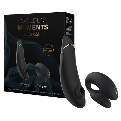 Zwarte Golden Moments doos met de Womanizer Premium 2 en de Chorus ervoor