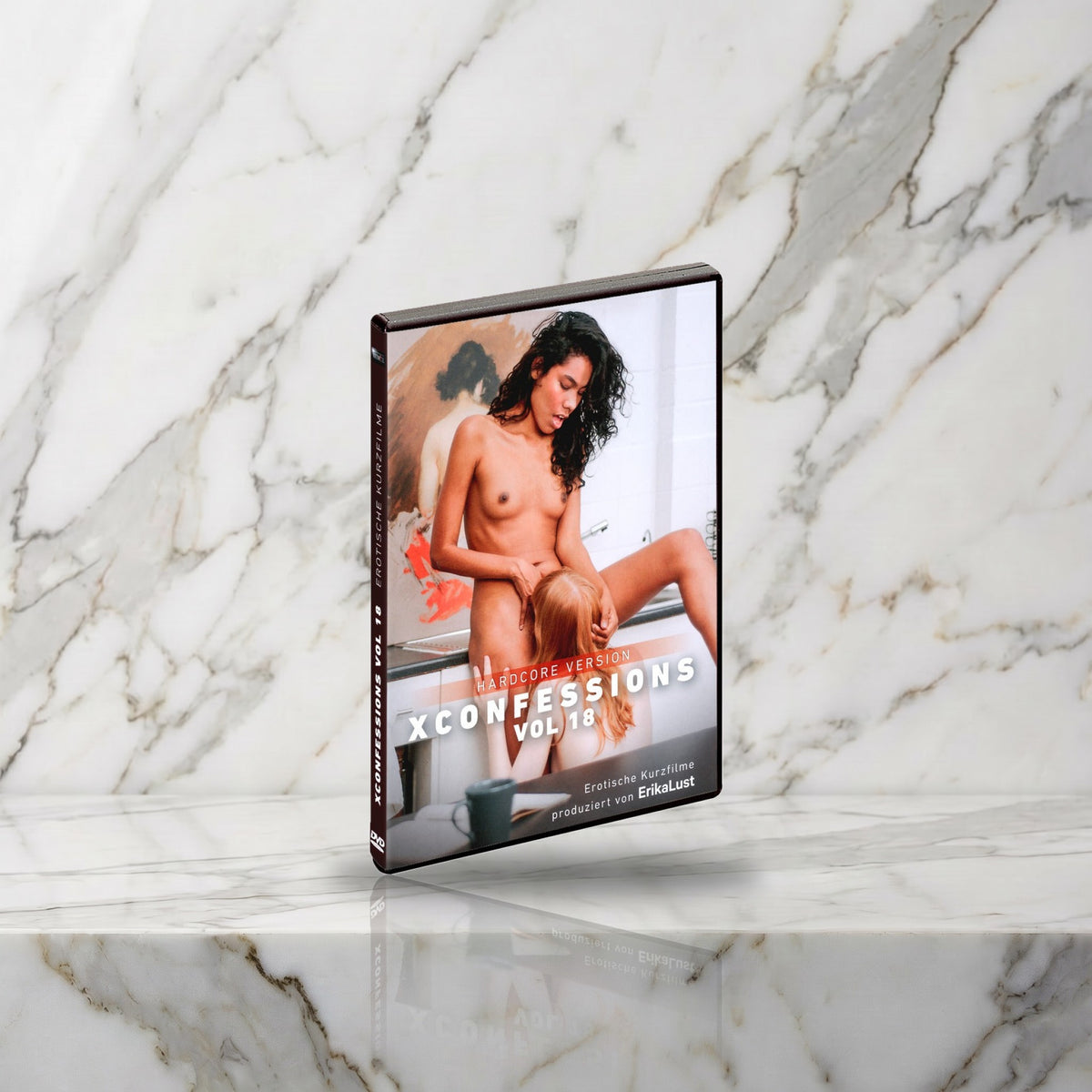 Dvd-hoes XConfessions Vol. 18 rechtop op een marmeren plank, films van Erika Lust