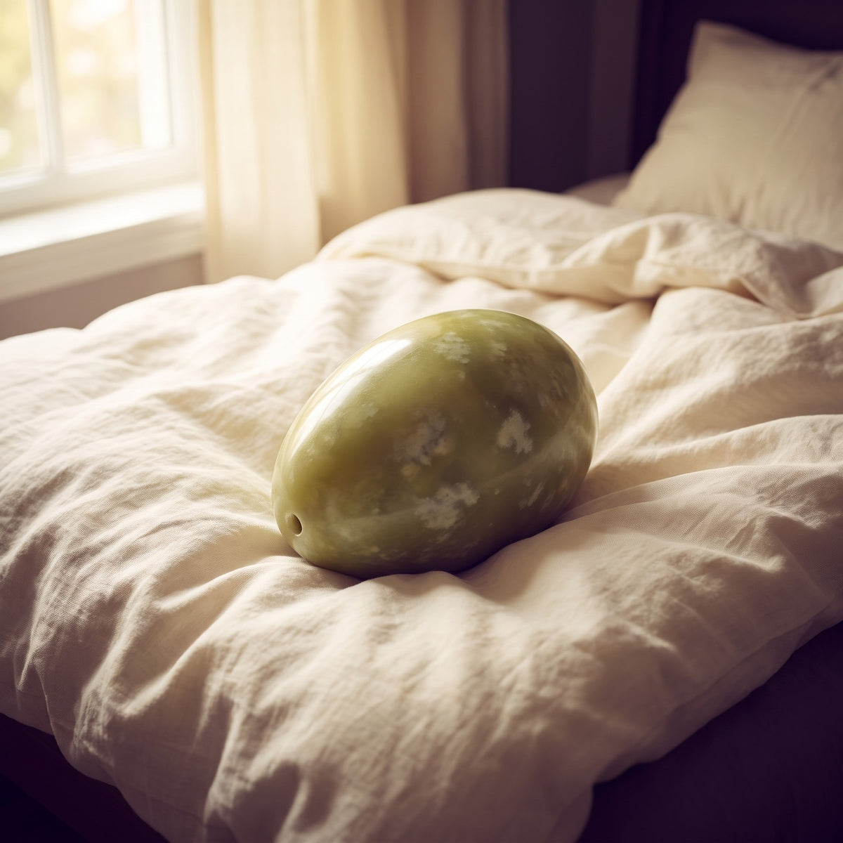 Sfeerbeeld: groot jade yoni ei op een opgemaakt bed met creme linnen in ochtendlicht