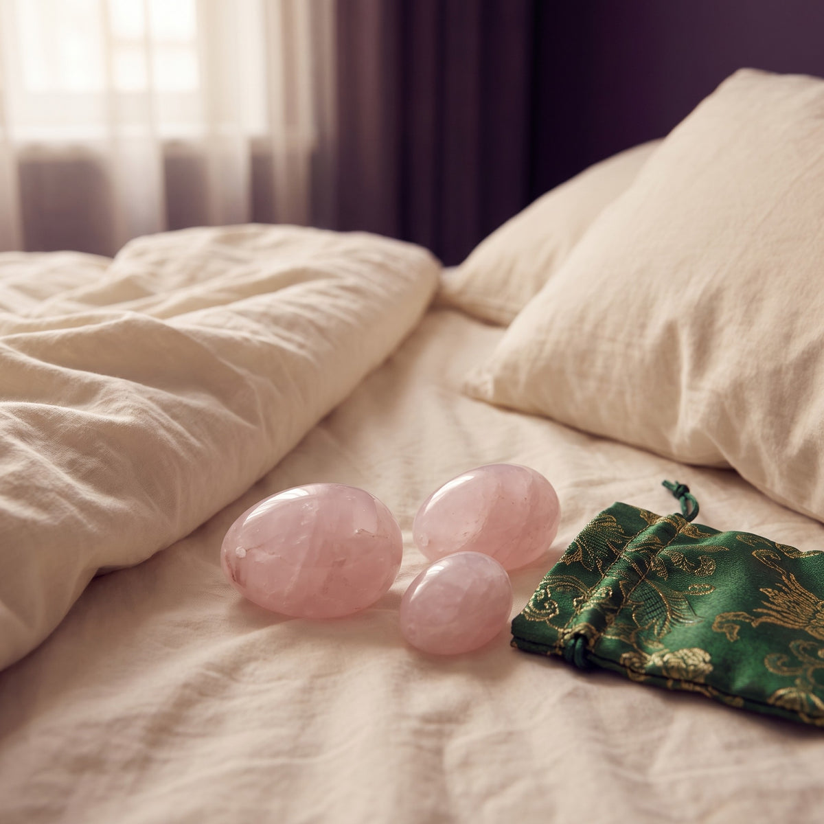 Sfeerbeeld: drie rozenkwarts yoni eitjes op een opgemaakt bed met creme linnen