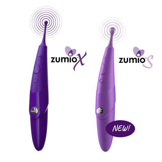 Zumio X en Zumio S naast elkaar vergeleken, twee paarse vibratoren met draaiende SpiroTIP