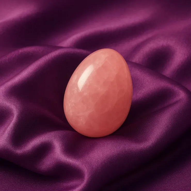 <img src="yoni-ei-mooi" alt="Yoni-ei van rozenkwarts op satijnen paarse bed">