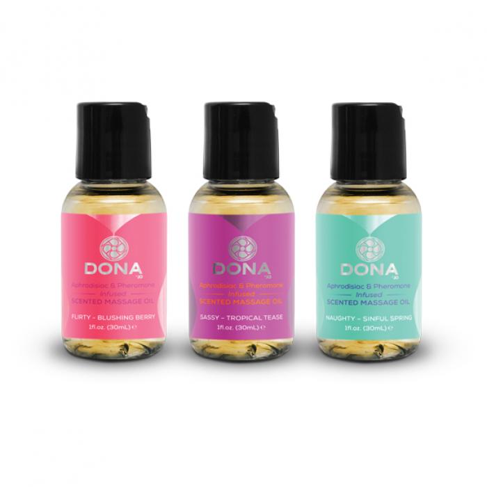 drie mini flesjes massage olie van Dona